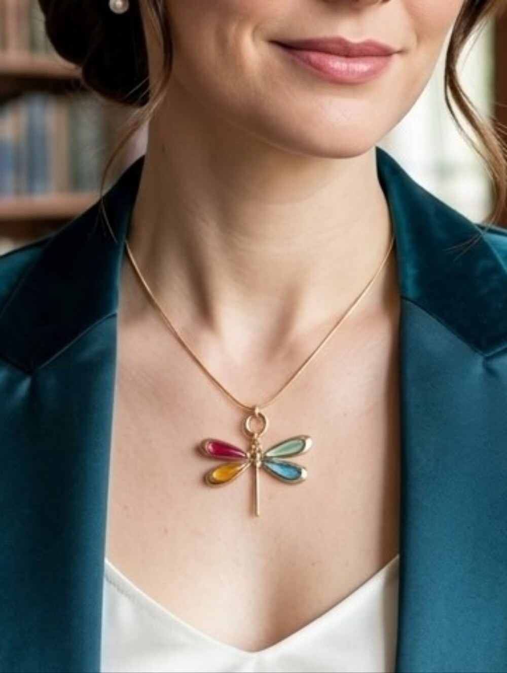 Gold Dragonfly Pendant Necklace with Multicolor Enamel Wings NWT